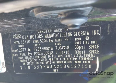 2011 Kia Sorento Sx V6 z USA, uszkodzony, nr VIN 5XYKW4A25BG127158